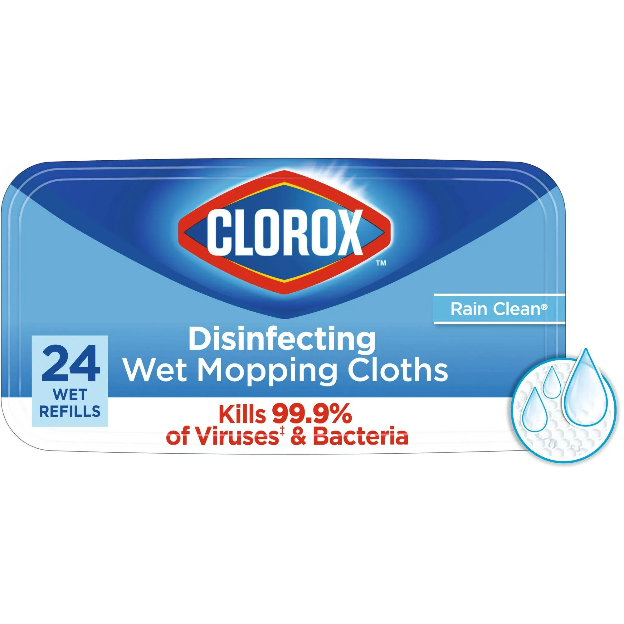 Clorox Disinfecting Wet Mopping Cloths, Disposable Mop Heads, Multi-Surface Floor Mop, Rain Clean Scent, 24 Wet Refills (Pack of 2)