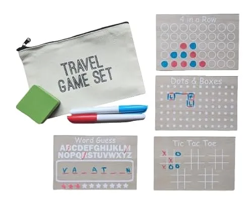 Travel Game Set for Kids - Reusable Dry Erase Games - Activity Bag - 4 Pack with Markers and Bag