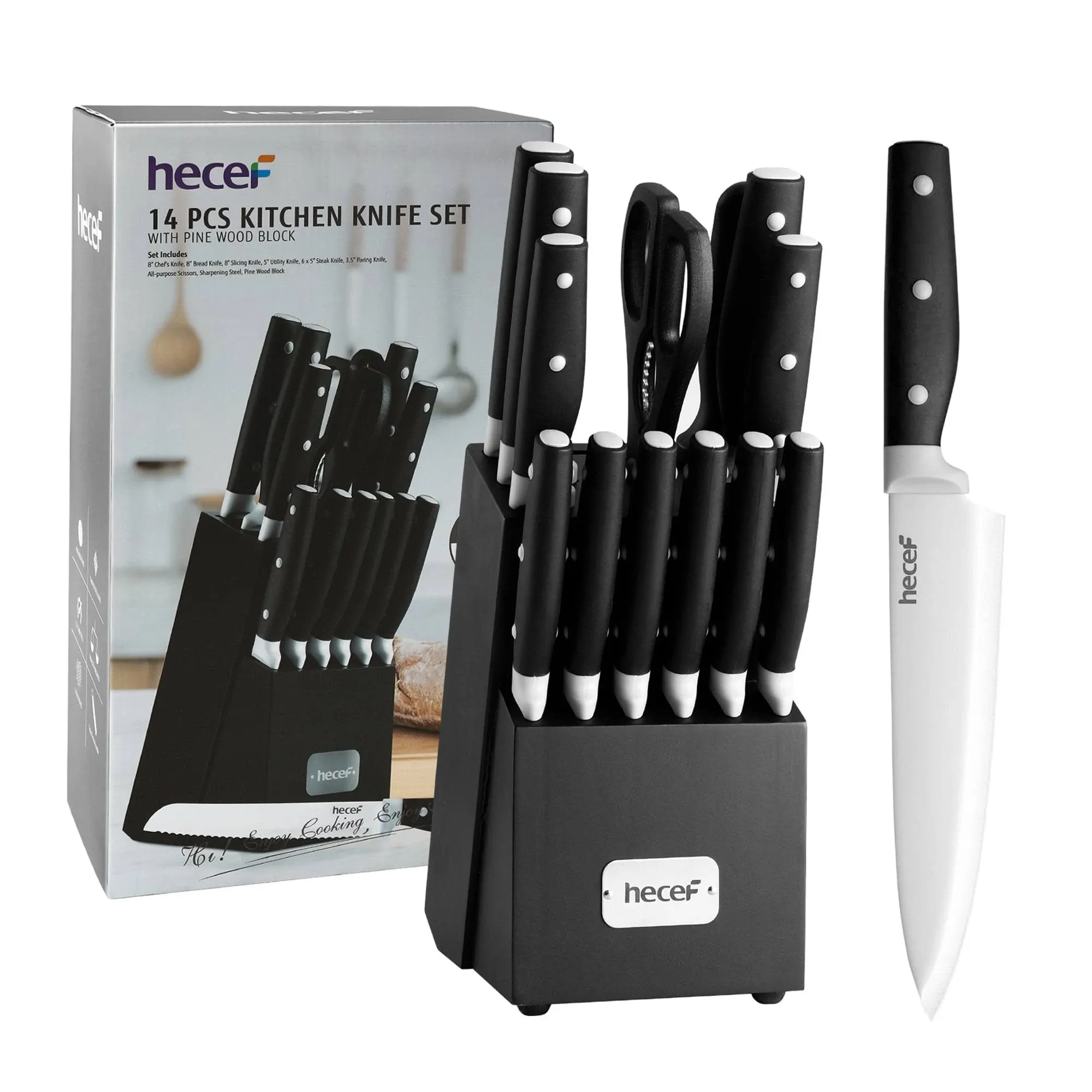 hecef Kitchen Knife Block Set, 14 Pieces Knife Set with Wooden Block & Sharpener Steel & All-purpose Scissors, High Carbon Stainless Steel Cutlery Set (Black)