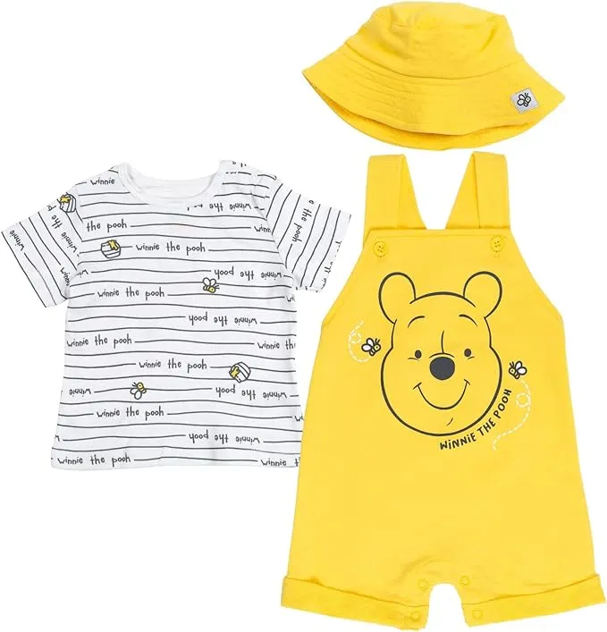 Disney Tigger Winnie The Pooh Baby French Terry Short Overalls T-Shirt and Hat 3 Piece Outfit Set Newborn to Infant