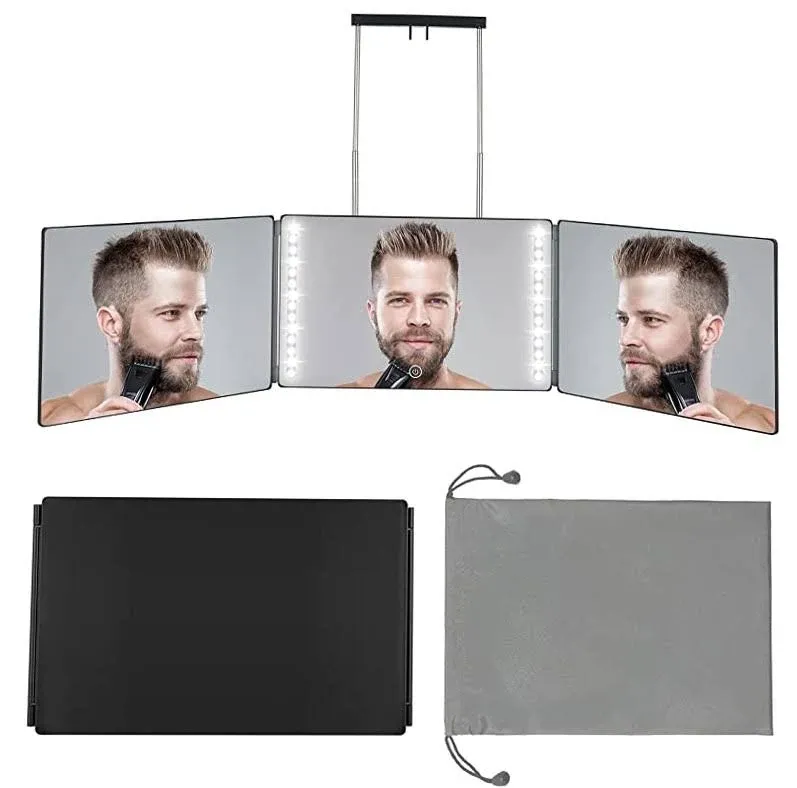 Vanexiss Rechargeable 3 Way Mirror, Real Glass Adjustable Trifold Mirror with Light & Telescoping Hooks for Self Hair Cutting & Styling - Portable DIY