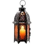 DECORKEY Vintage Large Size Decorative Moroccan Candle Lantern, 12.8’’ Metal Hanging&Tabletop Lantern Candle Holder Decor, Halloween Christmas Ramadan Decorations for Home Indoor Outdoor Patio (Amber)