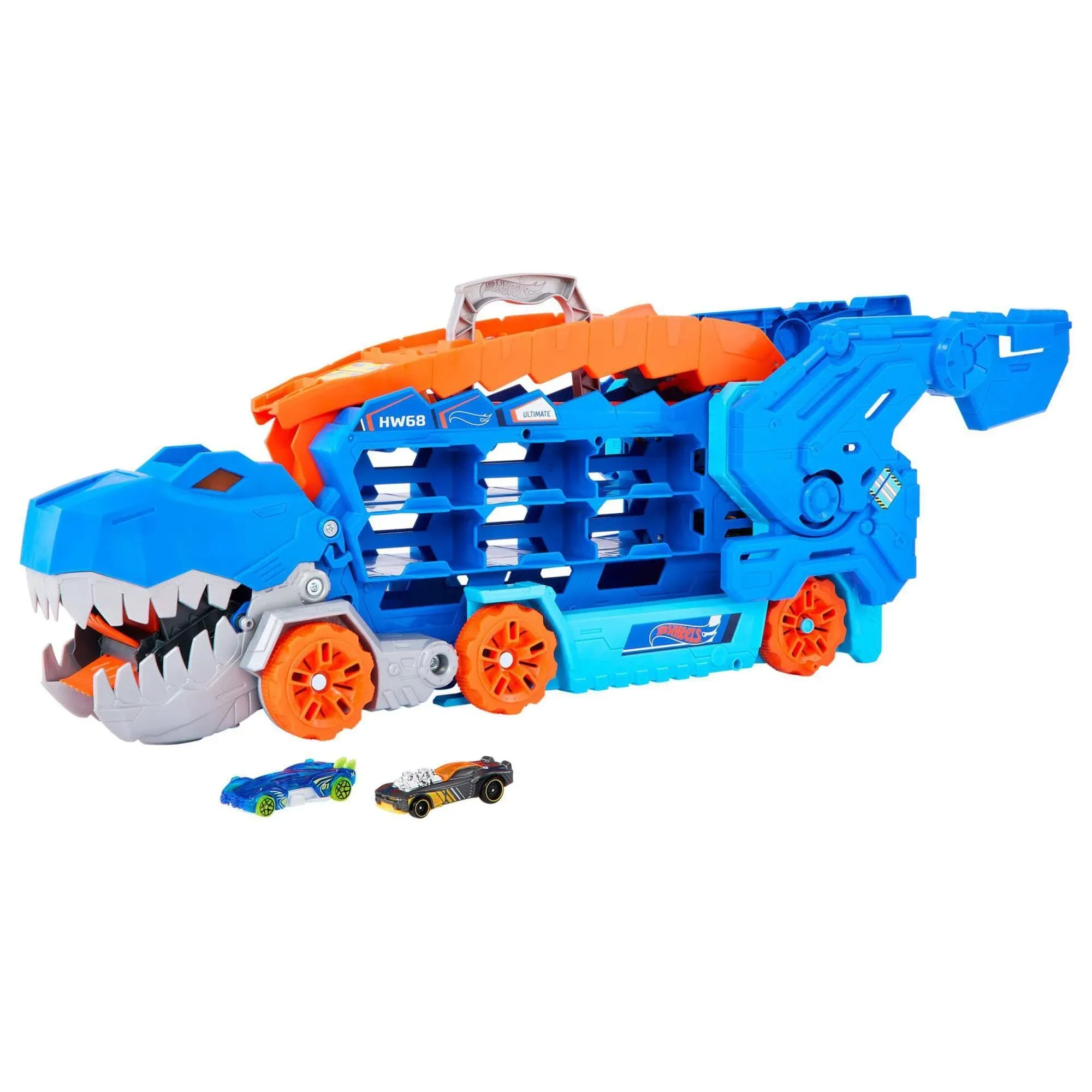 Hot Wheels City Ultimate Hauler, Transforms into a T-Rex with Race Track, Stores 20+ Cars, 4Y+, Blue