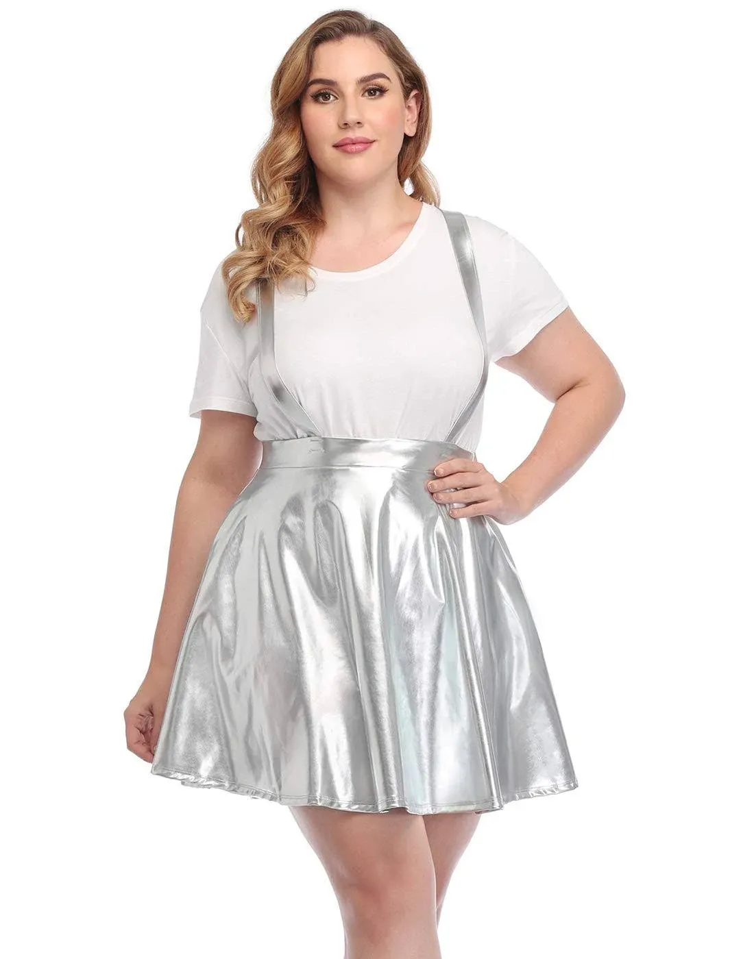 HDE Plus Size Shiny Metallic Suspender Skirt High Waisted Holographic Rave Skirt