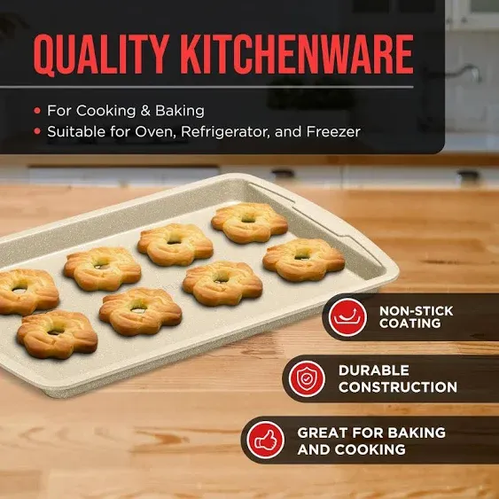 Bakken Swiss Cookie Sheet 3 Piece Set - Non-Stick, Stackable Baking Pans, White Marble Deluxe Ceramic Coating Dishwasher Safe - for Home Baking