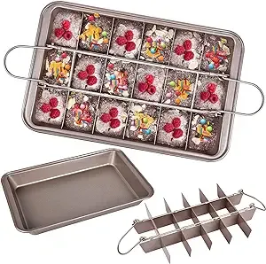 Brownie Pans with Dividers, Non-Stick Brownie Baking Tray with Slicers, Baking Sheet with 18 Pre-Cut Molds, Rectangular Pans for Oven Baking Bread, Brownie, Cake, 12 x 8 Inches, Oven/Dishwasher Safe