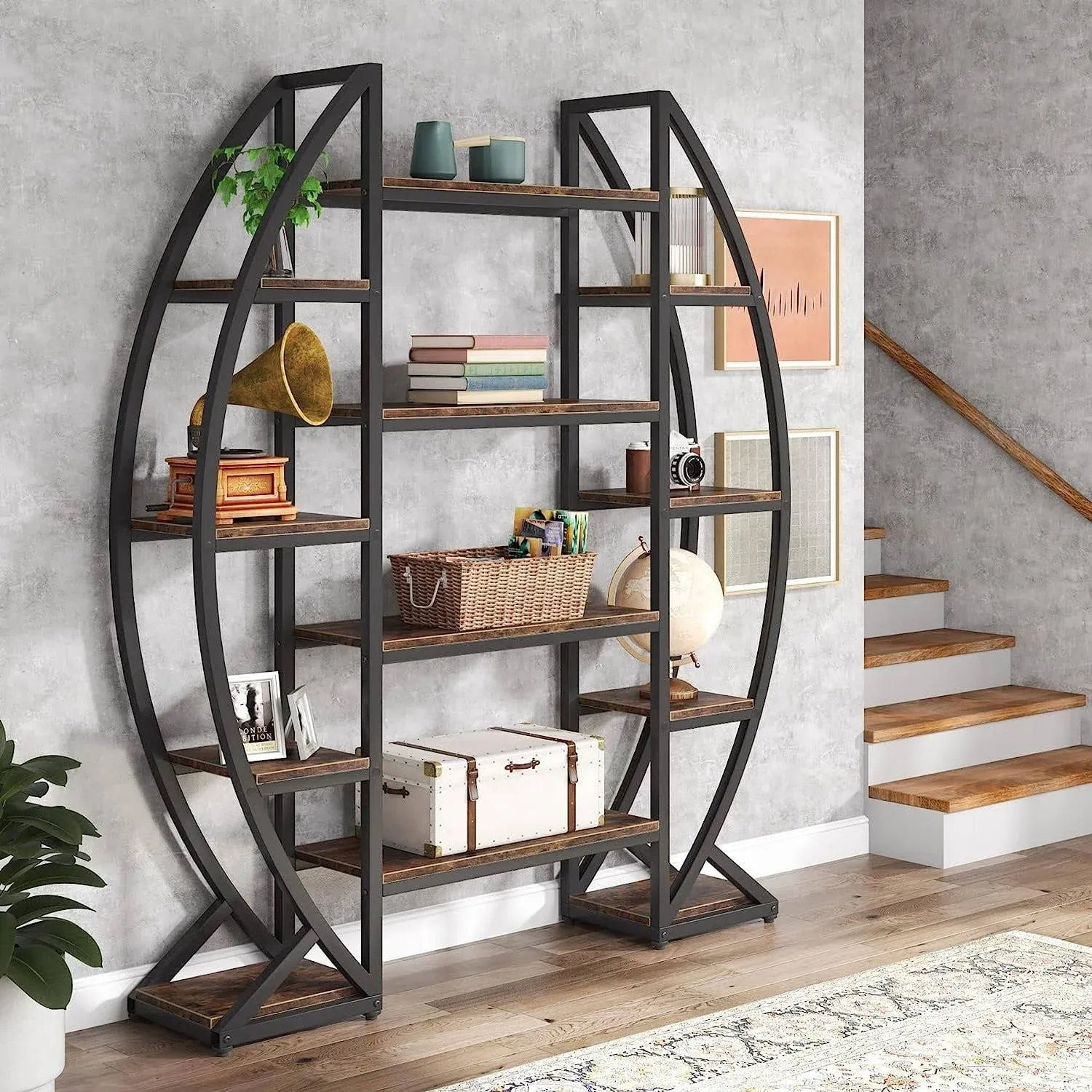 Tribesigns Industrial 6-Tier Bookshelf 69&#034; Large Oval Triple Wide Bookcase