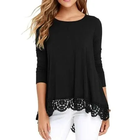 Jwd Women's Tops Long Sleeve Lace Trim O-Neck A Line Tunic Blouse Black-Large