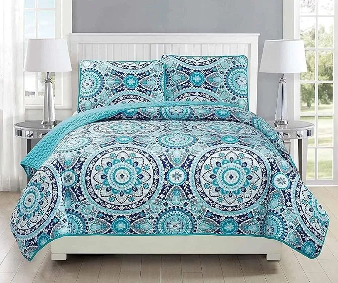 Linen Plus Fullqueen 3PC Quilted Bedspread Set Oversized Coverlet Floral Turquoise Navy Blue Teal Grey White New, Size: 3PC Full/Queen Quilt