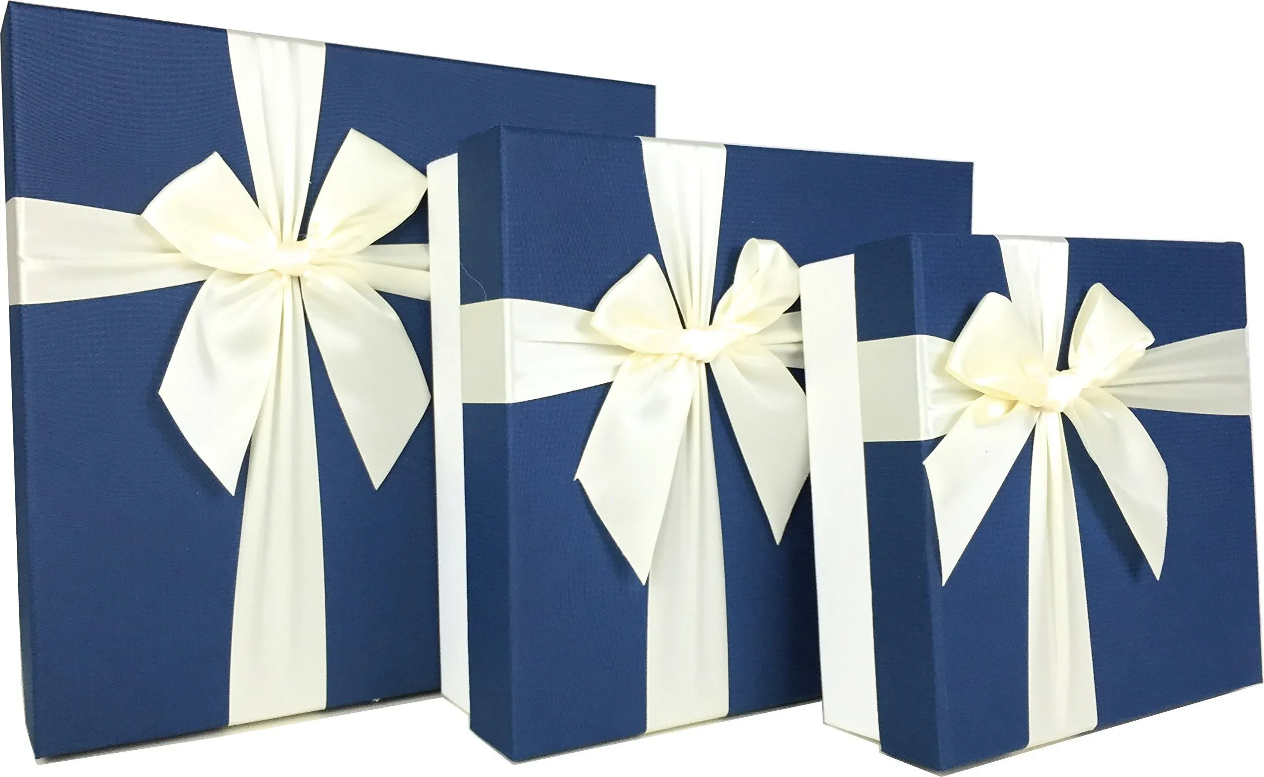 Square Rigid Gift Box With Ribbon 11 Inches A Nested Set Of 3 blue/white