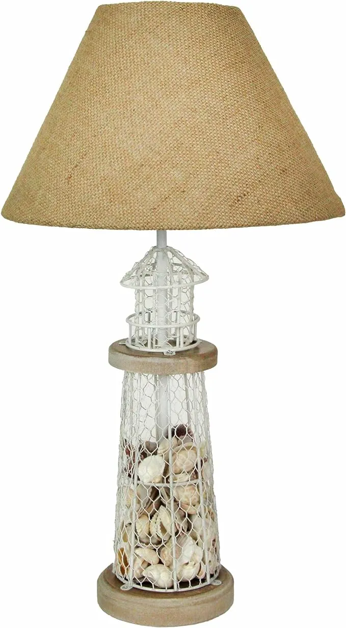 White and Grey Metal Mesh Seashell Filled Lighthouse Table Lamp with Cone Shade, One Size - Beach Style - Table Lamps - by Zeckos | Houzz