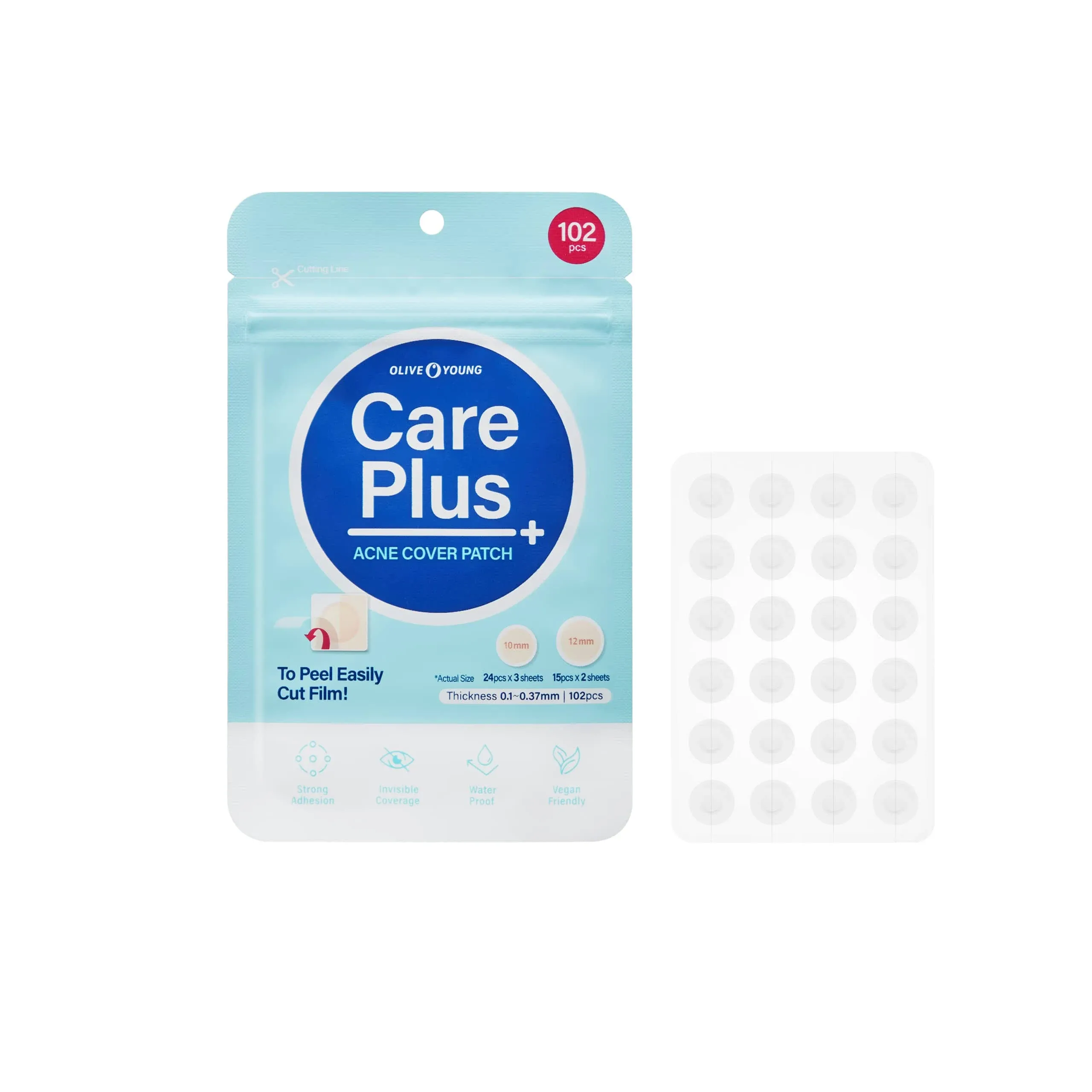 OLIVE YOUNG Care Plus Spot Patch 1 Pack | Hydrocolloid Acne Korean Spot Patch to Cover Zits, Pimples and Blemishes, for Troubled Skin and Face (102 Count - 10mm*72ea + 12mm*30ea)