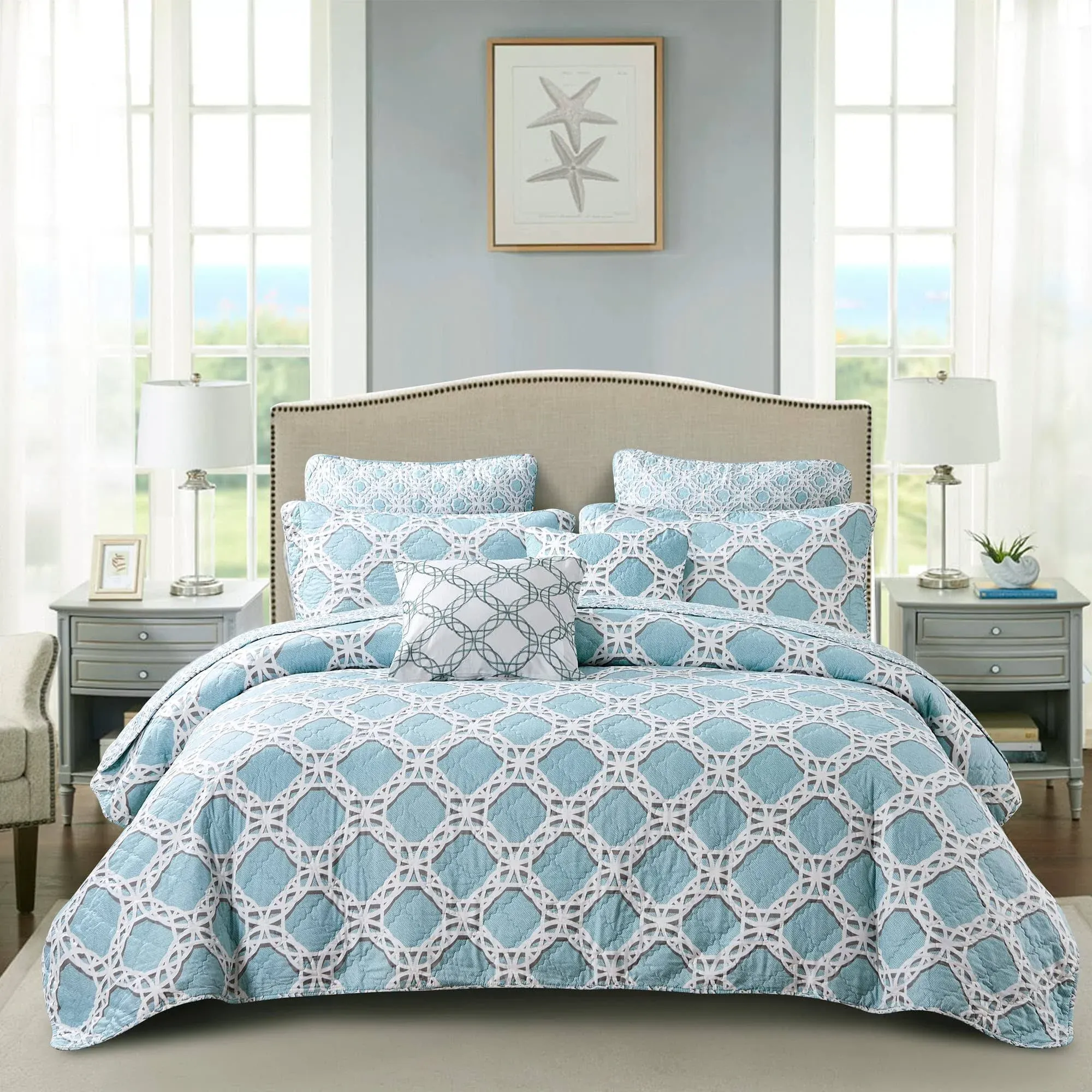 Home Soft Things 7 Piece Printed Microfiber Bedspread Quilts Set, 90" x 90" Queen, Monroe, Blue Geometric Lightweight Bed Cover Coverlet Bedding Set with Matching Shams Pillows