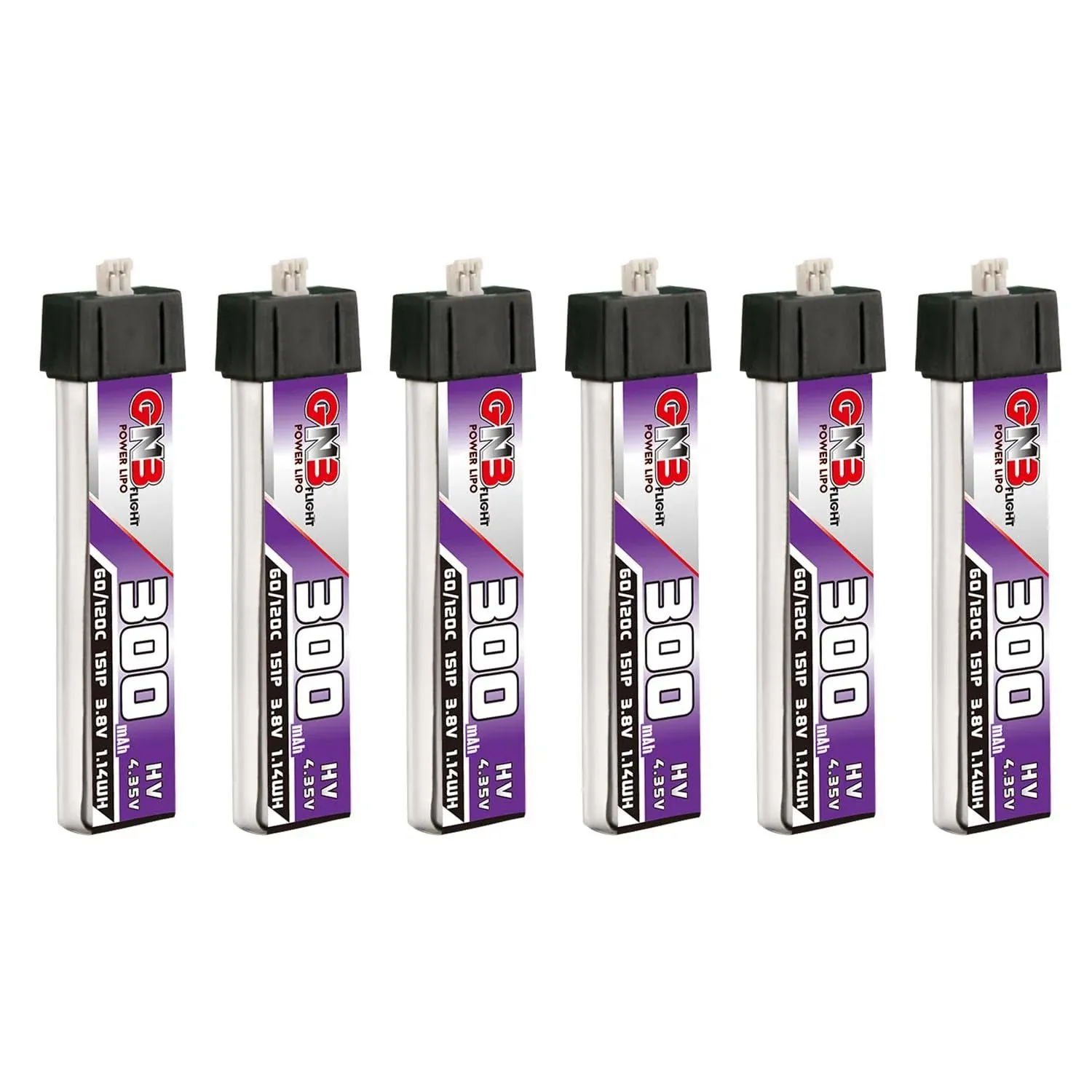 GAONENG 6pcs GNB LiPo Battery 1S 300mAh 3.8V HV LiHV 60c 120c with Plastic Head Molex 1.25 Connector for Mini Indoor Whoops Inductrix FPV BNF Blade RC