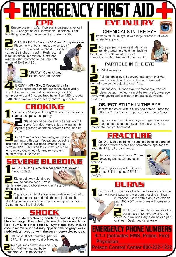 First Aid and Choking Poster  11  x 17   Laminated  Includes CPR  Shock  Eye Injury  Fracture  Burns  Severe Bleeding & Choking