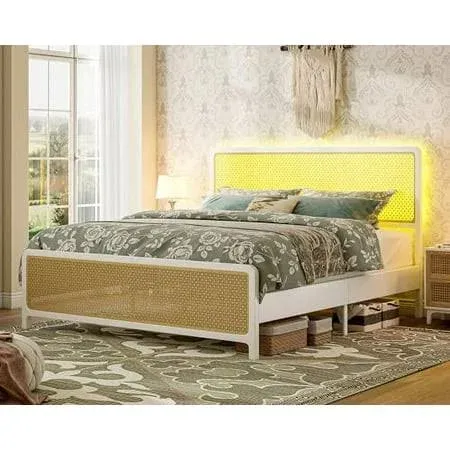 LUXOAK King Size Bed Frame with Metal Mesh Rattan Headboard/Footboard, Boho Platform Bed with RGBW LED Lights & Strong Metal Slat Support, No Box