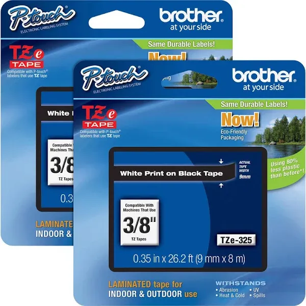 Brother P-Touch TZe Laminated Tape Cartridges - 3/8" - Rectangle - White - 2 / Bundle