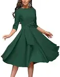 FENJAR Womens Elegance Audrey Hepburn Style Ruched Dress Round Neck 3/4 Sleeve Swing Midi A-Line Dresses Green, Large