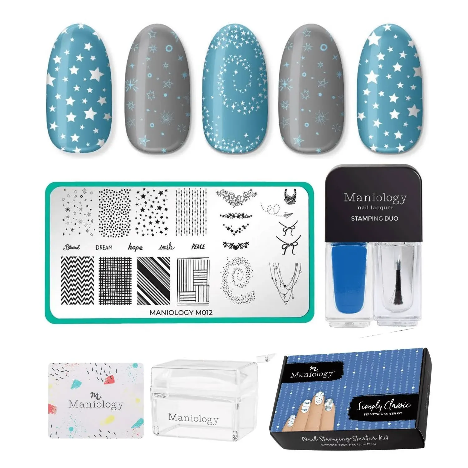 Maniology Nail Stamping Starter Kit (Plate, Polish, Top Coat, Stamper and Scraper Card) (Crystal Galaxy)