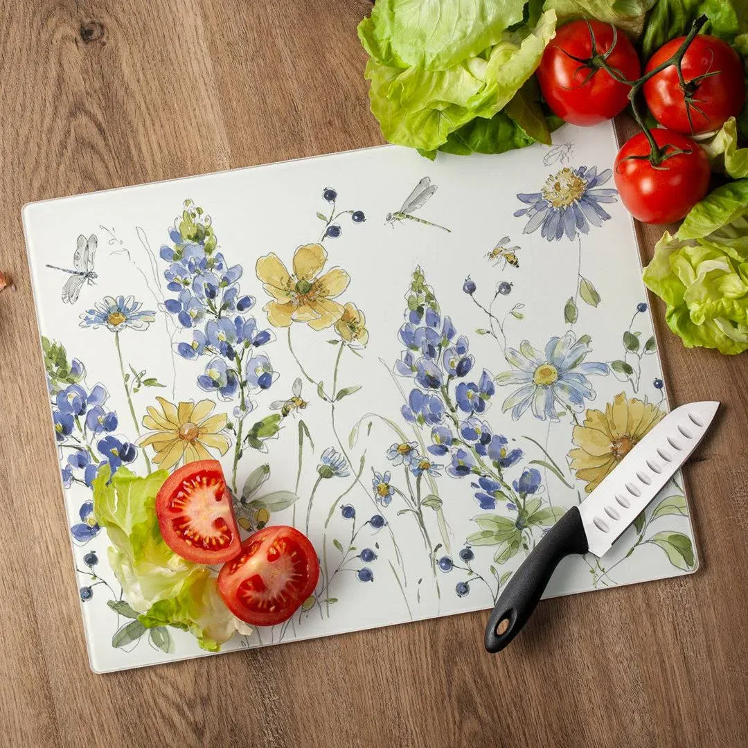 CounterArt Lovely Blues Florals 3mm Heat Tolerant Tempered Glass Cutting Board 15 ...