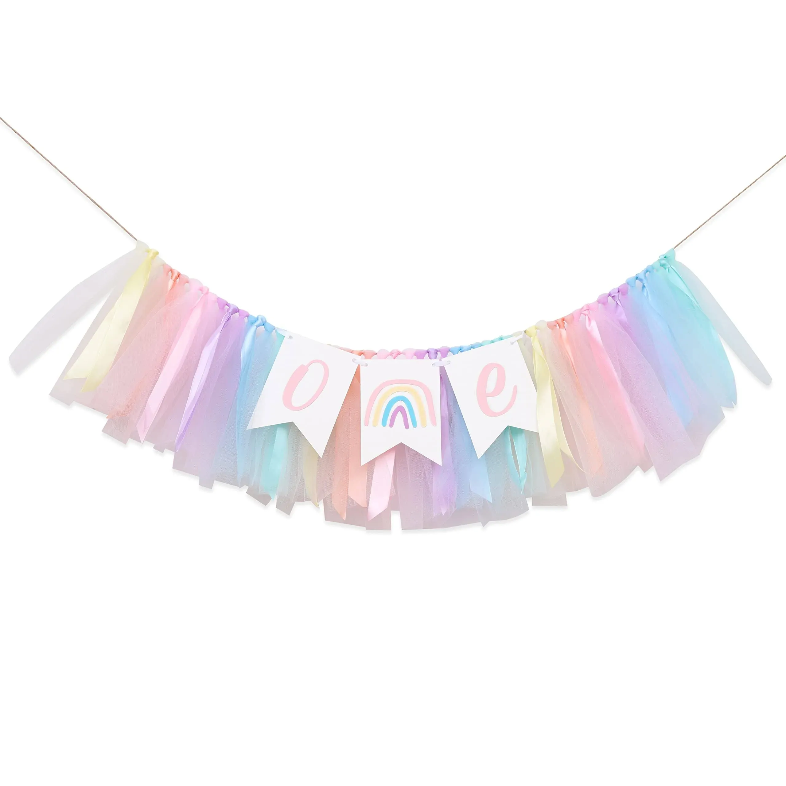 Pastel Rainbow High Chair Banner for 1st Birthday - Tulle and Ribbon One High...