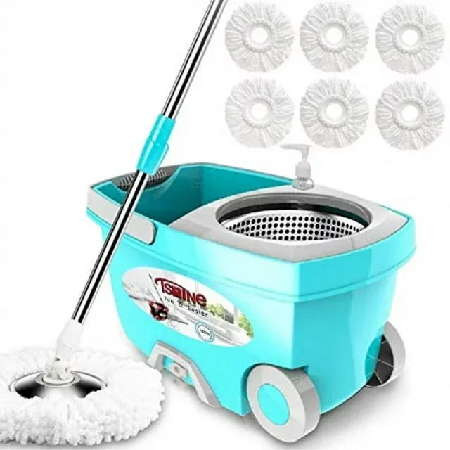 tsmine spin mop bucket system stainless steel deluxe 360 spinning mop bucket floor cleaning system with 6 microfiber replacement head refills,61"extended handle, 2x wheel for home cleaning - blue