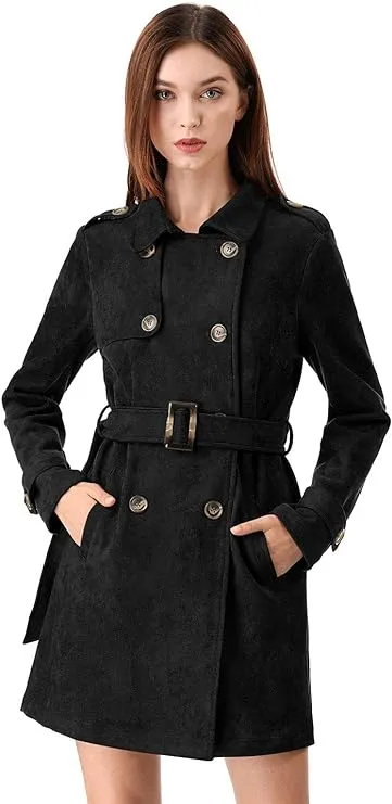 Allegra K Women's Faux Suede Trench Coat Notched Lapel Double Breasted Jacket with Belt