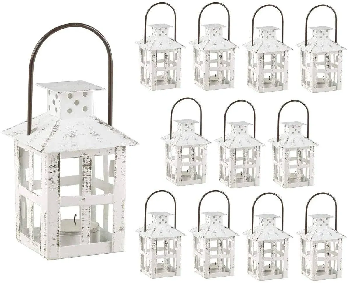 Kate Aspen Mini Decorative Lanterns - Set of 12 - Vintage Metal Lantern Candle Holders for Wedding Centerpiece, Home Decor and Party Favor (White)