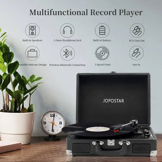 Vintage Vinyl Record Player - Portable 3-Speed Turntable with Bluetooth, Battery, and Stereo Speakers (Black)