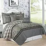 Home Soft Things Printed Microfiber 7 Piece Quilt Set Queen Size 90" x 90" Bed Cover, Gray Gold Lightweight Reversible Bedspread Blanket Coverlet Bedding Set Thin Comforter, Mystic Charcoal