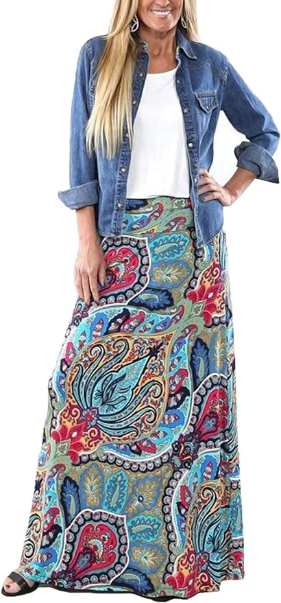 Yinggeli Women's Bohemian Print Long Maxi Skirt