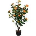 Goplus 40” Artificial Camellia Tree, Flower Plants Artificial Tree, Faux Floral Plant Blooming Tree in Cement Pot, Greenery Potted Plant for Indoor Outdoor Office Home Porch Decor, Free Maintenance