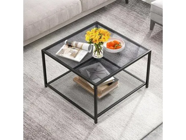 Giantex 27.5" Square Coffee Table - Tempered Glass Center Table w/Bottom Storage Shelf & Metal Frame, Modern Accent Table for Small Space, Living Room