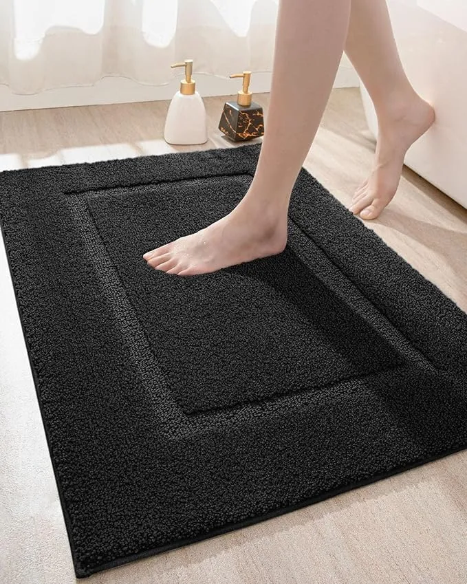 DEXI Bathroom Rug Mat, Ultra Absorbent Soft Bath Rug, Washable Non-Slip Bath Mat for Bathroom Floor, Tub, Shower Room, 24"x16", Black