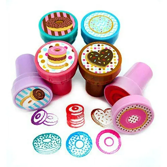 TINYMILLS Donuts Birthday Party Favor Set (12 Multi-Point Pencils, 12 Self-Inking Stampers, 12 Sticker Sheets, 12 Small Spiral Notepads) Donuts