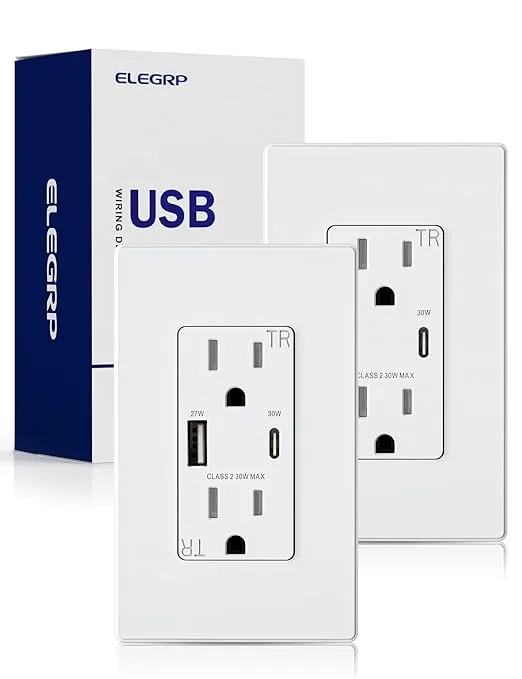 ELEGRP USB Outlet Receptacle, 30W Fast Charge & Power Delivery USB C Wall Outlet, 15 Amp Wall Outlet with USB Ports, Tamper Resistant, UL Listed, Wall Plate Included, 2 Pack, Matte White