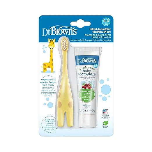 Dr. Brown's Infant-to-Toddler Training Toothbrush Set & Fluoride-Free Baby Toothpaste, Strawberry - Giraffe - 1.4oz - 0-3 Years