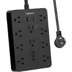 Surge Protector Extension Cord 10 Ft Black, TESSAN Flat Plug Power Strip with 10 Wide-Spaced AC Outlets and 3 USB Ports, 1875W/15A, 1700J Protection, Wall Mount Outlet Strip for Home, Office, School