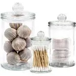 Mini Glass Apothecary Jars, Bathroom Storage Organizer Canisters for Cotton Swabs, Cotton Balls, Makeup Sponges, Bath Salts, Hair Ties, Makeup - Set of 3 - Clear