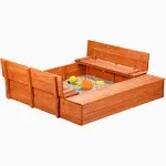 Kids Wooden Sandbox with Cover and Foldable Storage Bench Seats, Sand Table w...