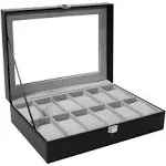 SONGMICS 12 Slots Watch Box with Glass Lid, Black + Gray