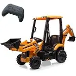 Hetoy 4 in 1 Ride On Excavator & Bulldozer, 12V Kids Electric Vehicle with Remote Control, Front Loader, Digger, Horn, Adjustable Seat, Excavator