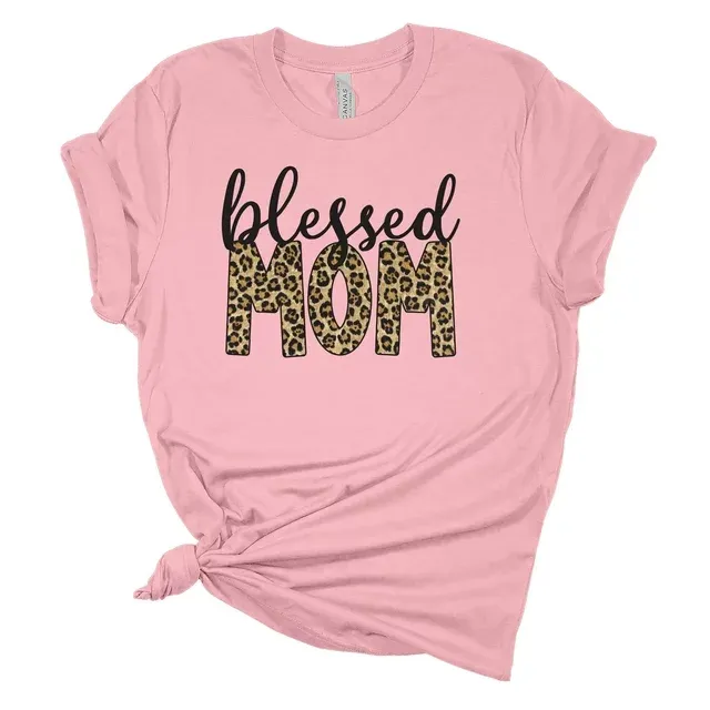 Women's Mother's Day Blessed Mama Leopard Print Short Sleeve T-shirt Graphic Tee-Pink-xxl