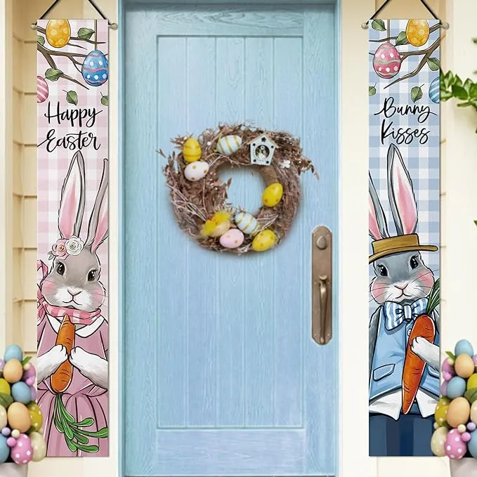  Happy Easter Bunny Kisses Porch Banner Sign, Rabbit Carrot Eggs Front Door 