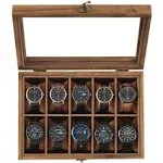 SONGMICS Wood Watch Box with Glass Lid Rustic Walnut / 10 Slot