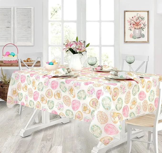 Newbridge Easter Egg Delight Fabric Tablecloth, Happy Easter Bunny rabbit, Easy Care Stain Resistant Spring Fabric Tablecloth, 60” x 84” Oblong