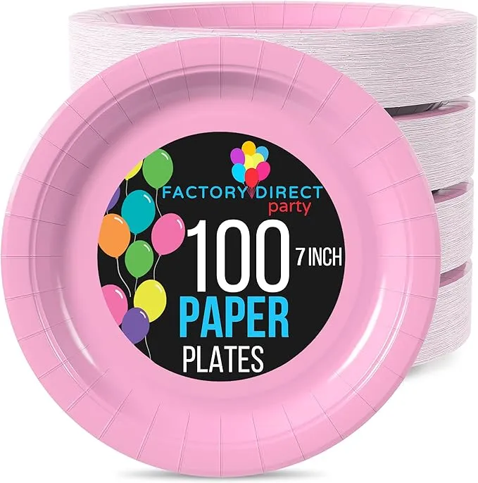 Exquisite Pink Paper Plates 7 Inch 100 Count - Pink 7 Inch Paper Plates - Bulk Paper Plates Pink Disposable Plates - Great For Any Event - Disposable Cake Plates Paper Plate Pink