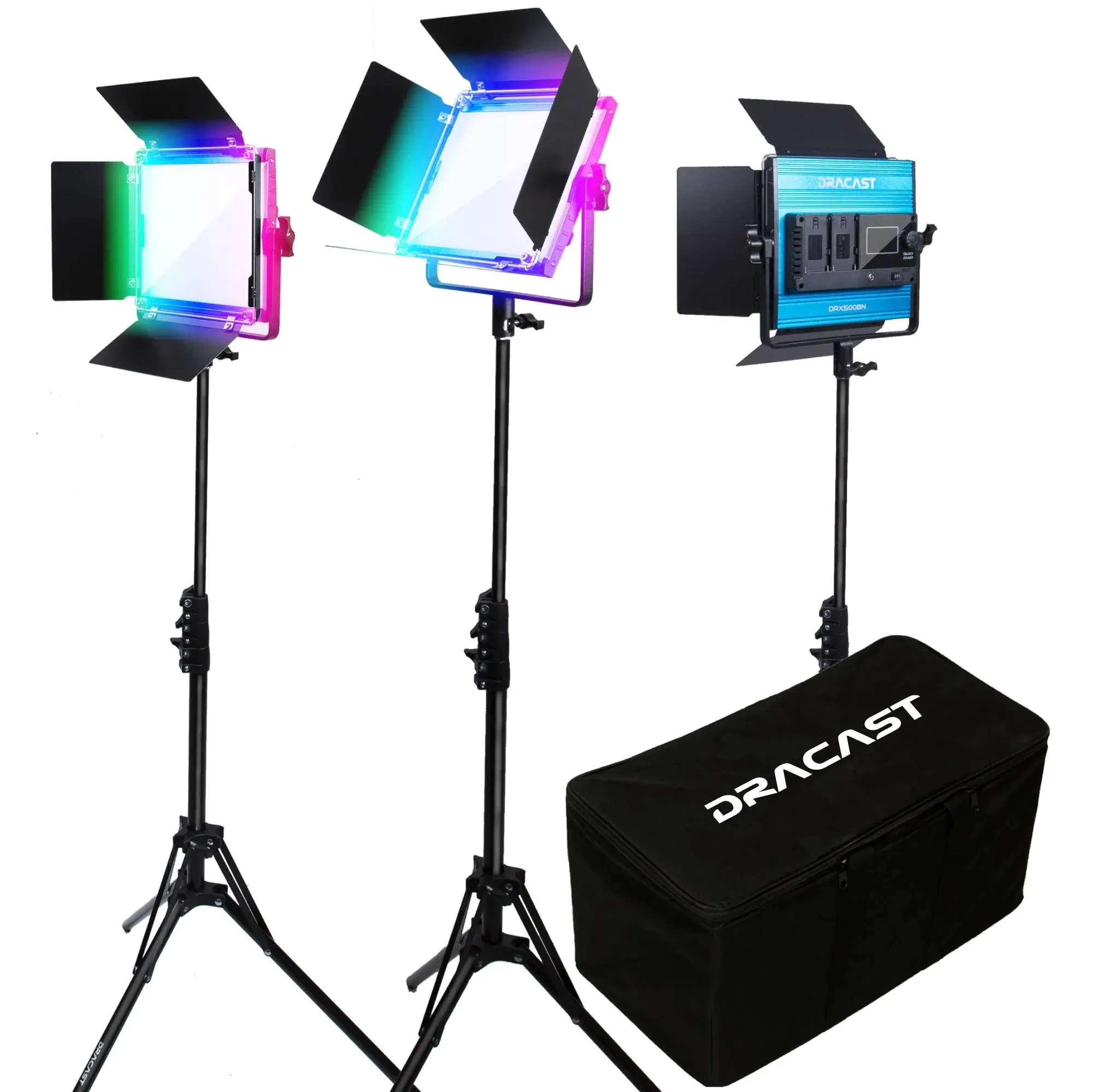 Dracast X Series RGB LED500 Kit - 3 Pack Includes Panel Lights, Stands, Barndoors, Travel Case | Bluetooth App Control | RGB + Bicolor LED Video Light Kit 2800K - 8000K | Dimmable Lighting 0-100%