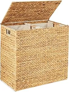 Best Choice Products Rustic Extra Large Natural Woven Water Hyacinth Double Laundry Hamper Storage Basket w/ 2 Removable Machine Washable Cotton Liner Bags, Divided Interior, Lid, Handles- Natural