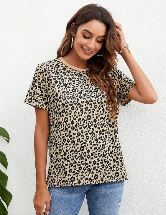 BMJL Women's Casual Cute Shirts Leopard Print Tops Basic Summer Short Sleeve Fashion Soft Blouse Loose Fit Tshirt